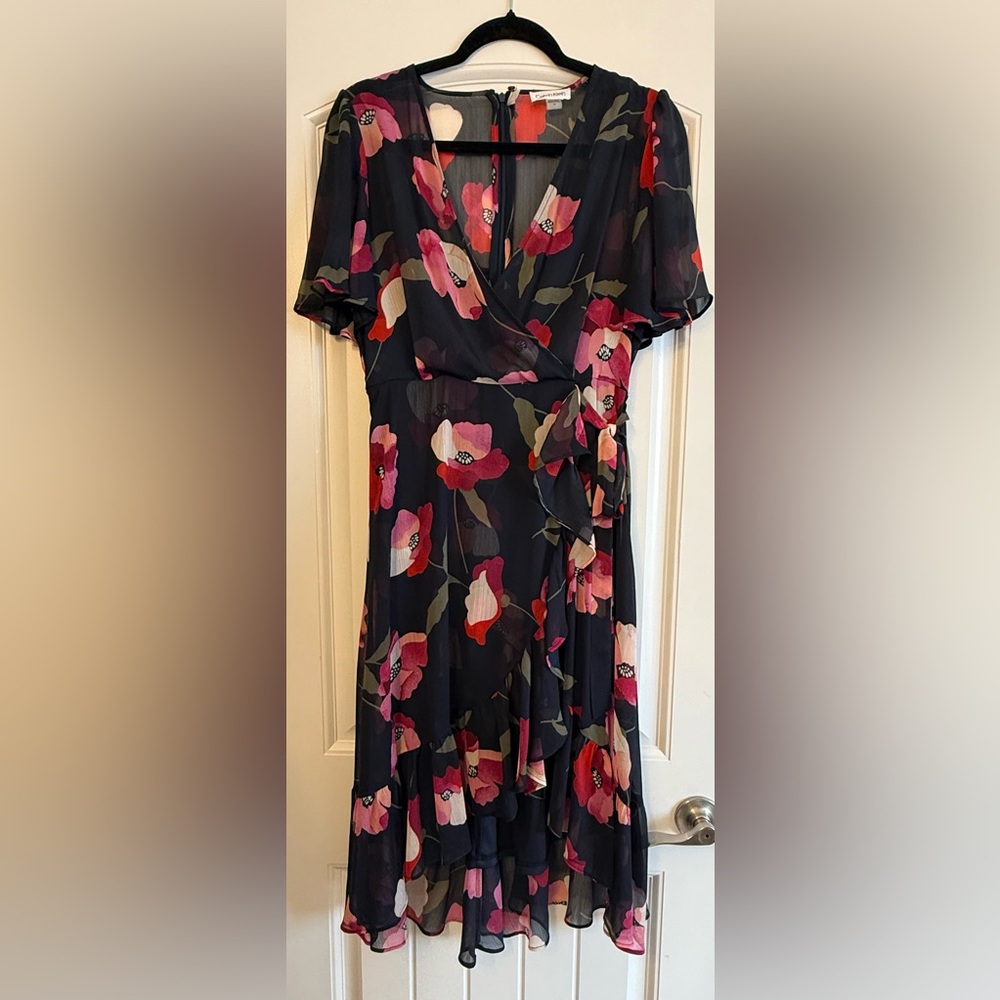 Calvin Klein Navy and Pink Floral High Low Dress